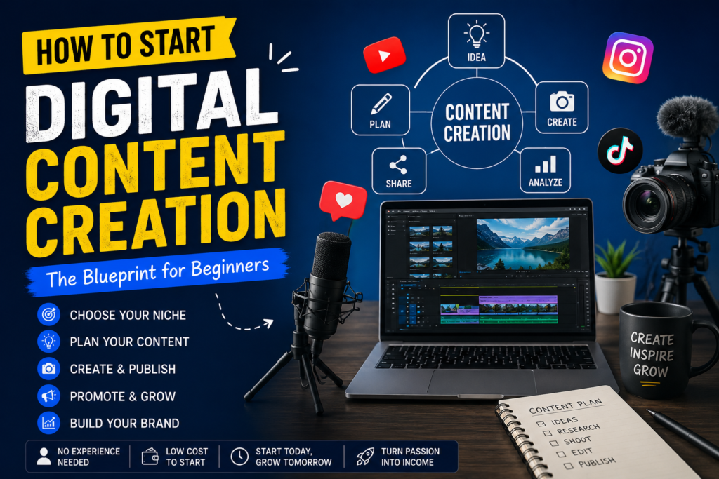 The internet doesn't have a shortage of content. It has a shortage of content that actually connects. If you've been staring at a blank screen wondering how to start digital content creation without disappearing into the noise, you're not alone. Every platform update, every "must-have" app, and every guru's 47-step framework adds another layer of overwhelm — until posting anything at all starts to feel impossible. Here's the good news: you don't need forty tools or a film crew to start. You need a clear niche, the right formats, a lean tech stack, and a workflow you can actually sustain. This guide breaks down exactly that — a practical, no-fluff roadmap that takes you from idea to income. Let's build your content engine, one step at a time. Step 1: Define Your Niche and Audience Before you touch a camera, a mic, or a design app, answer one question: who is this for? Broad content tries to speak to everyone and ends up resonating with no one. A focused digital content creation strategy starts with relevance, not reach. Ask yourself: What do I know well enough to teach or discuss confidently? Who is actively searching for help with this problem? Is this niche specific enough to stand out, but broad enough to sustain months of content? Quick niche test: Write down 3 topics you could talk about for 30 minutes without notes. Search each one on Google and social platforms — is there an audience already engaging? Pick the overlap between your expertise and existing demand. Key takeaway: Riches are in the niches. A tightly defined audience makes every future decision — content, tools, monetization — dramatically easier. Step 2: Choose Your Core Formats & Platforms Not every format fits every creator. Social media content creation works best when you play to your strengths first, then expand. The four core content formats: Video — Short-form (Reels, TikTok, Shorts) for reach; long-form (YouTube) for depth and authority. Audio — Podcasts and voice notes for commuters, multitaskers, and loyal-listener relationships. Text — Blogs, newsletters, and threads for SEO value and searchable, evergreen traffic. Graphics — Carousels, infographics, and quote cards for fast, shareable visual storytelling. How to choose: If you're strong at... Start with... Speaking on camera Short-form video Writing clearly Blog posts + newsletters Design & visuals Carousels + infographics Storytelling out loud Podcasting Pro tip: Pick one primary format and one platform to master first. Expansion comes after consistency, not before it. Step 3: Essential Digital Content Creation Tools You don't need an expensive setup — you need the right digital marketing tools for creators, organized by function. Ideation & Planning Google Trends / AnswerThePublic — spot what your audience is actually searching for. Notion / Trello — organize ideas, deadlines, and content calendars in one place. Design & Visual Content Creation Tools Canva — templates for graphics, carousels, and thumbnails, beginner-friendly and fast. CapCut / Adobe Premiere Rush — mobile-first and desktop video editing. Writing & SEO Grammarly — clean, error-free copy. Surfer SEO / Ubersuggest — keyword research and on-page optimization. Scheduling & Distribution Later / Buffer / Metricool — batch-schedule posts across platforms. Key takeaway: Tools support the strategy — they don't replace it. Choose one from each category and master it before adding more. Step 4: Build a High-Efficiency Content Creation Workflow Inconsistency kills more content careers than bad ideas ever will. A repeatable content creation workflow is what separates hobbyists from professionals. The 3-part workflow that scales: Batch — Record or write multiple pieces of content in one sitting (e.g., film 5 videos in one session instead of one per day). Repurpose — Turn one long-form piece into 5–10 smaller assets: a blog post becomes a carousel, a quote graphic, and three short video clips. Schedule — Queue everything in advance using a scheduling tool, so publishing becomes automatic, not a daily scramble. Sample weekly rhythm: Monday: Ideation & scripting Tuesday–Wednesday: Batch record/write/design Thursday: Edit and repurpose Friday: Schedule the following week Key takeaway: Consistency beats intensity. A sustainable workflow will always outperform sporadic bursts of "inspired" effort. From DIY to Done-For-You: When Passion Needs a Partner Building your own content engine is empowering — but scaling it into real business growth is a different challenge entirely. This is exactly where Tech Invention comes in. We've helped 66+ brands thrive fast, turning scattered content efforts into structured, SEO-driven growth engines that convert followers into customers. When DIY hits its ceiling, professional strategy is what breaks through it. Step 5: Optimize for Reach & Monetization Creating content is only half the equation. The other half is making sure people find it — and that it eventually pays you back. SEO-driven content creation is the difference between content that disappears in 24 hours and content that compounds traffic for years. Optimization checklist: Keyword-rich titles and descriptions on every video, blog, and post. Alt text and captions for accessibility and search visibility. Internal linking between blog posts to boost topical authority. Consistent publishing schedule — search engines and algorithms reward reliability. Ways to monetize digital content: Affiliate marketing — recommend tools/products you genuinely use. Digital products — templates, courses, or guides built from your expertise. Sponsorships — brand partnerships once your audience reaches critical mass. Service offers — use content as a funnel into consulting, freelancing, or agency work. Key takeaway: Every piece of content should serve a dual purpose — value for the audience, visibility for search engines. FAQS 1. What are the top tools for digital content creation in 2026? The best digital content creation tools in 2026 depend on your goals, but these are among the most popular: Canva Pro – Easy graphic design for beginners and businesses. Adobe Creative Cloud – Professional tools for graphic design, video editing, and photography. Figma – UI/UX design and team collaboration. CapCut – Short-form video editing for TikTok, Instagram, and YouTube. Adobe Premiere Pro – Advanced video editing. ChatGPT – AI-powered content writing, brainstorming, and marketing ideas. Midjourney & DALL·E – AI image generation. Notion AI – Content planning and workflow management. The right combination depends on your budget, experience level, and content goals. 2. Can you recommend a good digital content creation agency for my startup? Yes. If you're looking for an agency that offers complete digital marketing solutions, Tech Invention is a great option for startups. Tech Invention provides: Website Design & Development SEO Services Social Media Content Creation Graphic Design Video Editing Google Ads & Meta Ads Management Branding & Logo Design Content Marketing Strategy For startups, working with a single agency that handles branding, marketing, and content creation can save time and money. 3. How do I choose the best software for creating online videos? Choose video editing software based on your experience and requirements. For beginners: CapCut Canva Video Filmora For professionals: Adobe Premiere Pro DaVinci Resolve Final Cut Pro (Mac) Before choosing software, consider: Ease of use Export quality AI editing features Stock media library Social media optimization Collaboration features Pricing Free trials are an excellent way to determine which platform fits your workflow. 4. Which platforms offer the best templates for social media posts? Some of the best platforms include: Canva Adobe Express VistaCreate Figma Community Envato Elements Creative Market These platforms provide thousands of customizable templates for: Instagram Posts Facebook Ads LinkedIn Graphics Pinterest Pins YouTube Thumbnails Stories and Reels Choose a platform that matches your branding and design experience. 5. What are the most affordable options for hiring freelance content creators? Affordable freelance marketplaces include: Fiverr Upwork Freelancer PeoplePerHour Contra Typical pricing varies depending on experience: Blog Writing: $20–$150+ Social Media Graphics: $10–$75 Video Editing: $30–$300+ SEO Content: $40–$250+ Always review portfolios, client feedback, and communication skills before hiring. 6. Compare the features of popular graphic design tools for beginners. Tool Best For Free Plan Easy to Learn AI Features Canva Social media & marketing Yes ⭐⭐⭐⭐⭐ Yes Adobe Express Quick designs Yes ⭐⭐⭐⭐ Yes VistaCreate Social graphics Yes ⭐⭐⭐⭐ Yes Figma UI/UX & collaboration Yes ⭐⭐⭐ Limited Pixlr Photo editing Yes ⭐⭐⭐⭐ Yes For most beginners, Canva remains the easiest platform with the largest template library. 7. Where can I find high-quality stock images for my blog? Excellent sources include: Unsplash Pexels Pixabay Freepik Shutterstock Adobe Stock iStock For SEO, always: Use relevant images. Compress images for faster loading. Add descriptive file names. Include keyword-rich alt text. Use original visuals whenever possible. These practices improve both user experience and search engine visibility. 8. What are the pricing plans for content creation services? Content creation pricing depends on the scope of work. Typical ranges include: Service Average Price Blog Writing $50–$500/article SEO Content $100–$700/article Social Media Management $300–$2,500/month Video Editing $50–$800/video Graphic Design $25–$300/design Full Content Marketing $800–$5,000+/month Agencies like Tech Invention also offer customized packages based on business goals and marketing budgets. 9. Are there any all-in-one solutions for digital marketing and content creation? Yes. Many businesses prefer all-in-one platforms that combine marketing, content, automation, and analytics. Popular options include: HubSpot Semrush Adobe Creative Cloud Canva Pro Buffer Hootsuite If you prefer a fully managed solution instead of managing multiple tools, Tech Invention provides integrated services including: SEO Website Development Graphic Design Content Creation Social Media Marketing Google Ads Meta Ads Branding Video Production This allows businesses to focus on growth while experts manage their digital marketing. 10. Can you help me find a course on digital content strategy? Absolutely. Here are some highly recommended courses: Google Digital Marketing & E-commerce Professional Certificate (Coursera) – Excellent for beginners. HubSpot Academy – Content Marketing Certification – Free and widely respected. Coursera – Content Strategy for Professionals – Comprehensive content planning. LinkedIn Learning – Content Marketing Foundations – Practical business-focused training. Udemy – Digital Marketing Masterclass – Affordable with lifetime access. Semrush Academy – Free SEO and content marketing courses. Meta Blueprint – Social media marketing and advertising certifications. Look for courses that cover: Content Strategy SEO AI Content Creation Social Media Marketing Analytics Copywriting Content Distribution Brand Storytelling A course that includes real-world projects and certification can significantly improve your digital marketing skills and career opportunities. Ready to Elevate Your Content Strategy? Let's recap your blueprint: Define your niche — relevance beats broad reach every time. Choose your core format and platform — master one before expanding. Build a lean tech stack — ideation, design, writing, and scheduling tools that fit your workflow. Create a repeatable workflow — batch, repurpose, schedule. Optimize for SEO and monetization — content that works while you sleep. You now have everything you need to start. But starting strong and scaling fast are two different games — and that's where most creators and small businesses hit a wall. Your success is our mission. Whether you need custom web design, SEO-driven strategies, or full content marketing execution, Tech Invention turns quiet online presences into digital market leaders. We don't just help you create content; we help you build a system that grows without you having to do it all alone. [Book Your Free Strategy Call] How to Start Digital Content Creation: