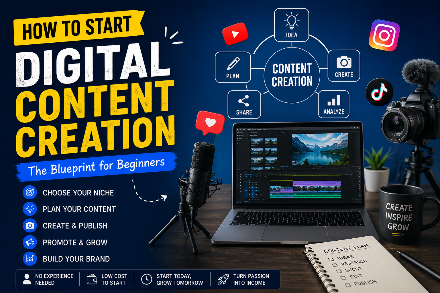 The internet doesn't have a shortage of content. It has a shortage of content that actually connects. If you've been staring at a blank screen wondering how to start digital content creation without disappearing into the noise, you're not alone. Every platform update, every "must-have" app, and every guru's 47-step framework adds another layer of overwhelm — until posting anything at all starts to feel impossible. Here's the good news: you don't need forty tools or a film crew to start. You need a clear niche, the right formats, a lean tech stack, and a workflow you can actually sustain. This guide breaks down exactly that — a practical, no-fluff roadmap that takes you from idea to income. Let's build your content engine, one step at a time. Step 1: Define Your Niche and Audience Before you touch a camera, a mic, or a design app, answer one question: who is this for? Broad content tries to speak to everyone and ends up resonating with no one. A focused digital content creation strategy starts with relevance, not reach. Ask yourself: What do I know well enough to teach or discuss confidently? Who is actively searching for help with this problem? Is this niche specific enough to stand out, but broad enough to sustain months of content? Quick niche test: Write down 3 topics you could talk about for 30 minutes without notes. Search each one on Google and social platforms — is there an audience already engaging? Pick the overlap between your expertise and existing demand. Key takeaway: Riches are in the niches. A tightly defined audience makes every future decision — content, tools, monetization — dramatically easier. Step 2: Choose Your Core Formats & Platforms Not every format fits every creator. Social media content creation works best when you play to your strengths first, then expand. The four core content formats: Video — Short-form (Reels, TikTok, Shorts) for reach; long-form (YouTube) for depth and authority. Audio — Podcasts and voice notes for commuters, multitaskers, and loyal-listener relationships. Text — Blogs, newsletters, and threads for SEO value and searchable, evergreen traffic. Graphics — Carousels, infographics, and quote cards for fast, shareable visual storytelling. How to choose: If you're strong at... Start with... Speaking on camera Short-form video Writing clearly Blog posts + newsletters Design & visuals Carousels + infographics Storytelling out loud Podcasting Pro tip: Pick one primary format and one platform to master first. Expansion comes after consistency, not before it. Step 3: Essential Digital Content Creation Tools You don't need an expensive setup — you need the right digital marketing tools for creators, organized by function. Ideation & Planning Google Trends / AnswerThePublic — spot what your audience is actually searching for. Notion / Trello — organize ideas, deadlines, and content calendars in one place. Design & Visual Content Creation Tools Canva — templates for graphics, carousels, and thumbnails, beginner-friendly and fast. CapCut / Adobe Premiere Rush — mobile-first and desktop video editing. Writing & SEO Grammarly — clean, error-free copy. Surfer SEO / Ubersuggest — keyword research and on-page optimization. Scheduling & Distribution Later / Buffer / Metricool — batch-schedule posts across platforms. Key takeaway: Tools support the strategy — they don't replace it. Choose one from each category and master it before adding more. Step 4: Build a High-Efficiency Content Creation Workflow Inconsistency kills more content careers than bad ideas ever will. A repeatable content creation workflow is what separates hobbyists from professionals. The 3-part workflow that scales: Batch — Record or write multiple pieces of content in one sitting (e.g., film 5 videos in one session instead of one per day). Repurpose — Turn one long-form piece into 5–10 smaller assets: a blog post becomes a carousel, a quote graphic, and three short video clips. Schedule — Queue everything in advance using a scheduling tool, so publishing becomes automatic, not a daily scramble. Sample weekly rhythm: Monday: Ideation & scripting Tuesday–Wednesday: Batch record/write/design Thursday: Edit and repurpose Friday: Schedule the following week Key takeaway: Consistency beats intensity. A sustainable workflow will always outperform sporadic bursts of "inspired" effort. From DIY to Done-For-You: When Passion Needs a Partner Building your own content engine is empowering — but scaling it into real business growth is a different challenge entirely. This is exactly where Tech Invention comes in. We've helped 66+ brands thrive fast, turning scattered content efforts into structured, SEO-driven growth engines that convert followers into customers. When DIY hits its ceiling, professional strategy is what breaks through it. Step 5: Optimize for Reach & Monetization Creating content is only half the equation. The other half is making sure people find it — and that it eventually pays you back. SEO-driven content creation is the difference between content that disappears in 24 hours and content that compounds traffic for years. Optimization checklist: Keyword-rich titles and descriptions on every video, blog, and post. Alt text and captions for accessibility and search visibility. Internal linking between blog posts to boost topical authority. Consistent publishing schedule — search engines and algorithms reward reliability. Ways to monetize digital content: Affiliate marketing — recommend tools/products you genuinely use. Digital products — templates, courses, or guides built from your expertise. Sponsorships — brand partnerships once your audience reaches critical mass. Service offers — use content as a funnel into consulting, freelancing, or agency work. Key takeaway: Every piece of content should serve a dual purpose — value for the audience, visibility for search engines. FAQS 1. What are the top tools for digital content creation in 2026? The best digital content creation tools in 2026 depend on your goals, but these are among the most popular: Canva Pro – Easy graphic design for beginners and businesses. Adobe Creative Cloud – Professional tools for graphic design, video editing, and photography. Figma – UI/UX design and team collaboration. CapCut – Short-form video editing for TikTok, Instagram, and YouTube. Adobe Premiere Pro – Advanced video editing. ChatGPT – AI-powered content writing, brainstorming, and marketing ideas. Midjourney & DALL·E – AI image generation. Notion AI – Content planning and workflow management. The right combination depends on your budget, experience level, and content goals. 2. Can you recommend a good digital content creation agency for my startup? Yes. If you're looking for an agency that offers complete digital marketing solutions, Tech Invention is a great option for startups. Tech Invention provides: Website Design & Development SEO Services Social Media Content Creation Graphic Design Video Editing Google Ads & Meta Ads Management Branding & Logo Design Content Marketing Strategy For startups, working with a single agency that handles branding, marketing, and content creation can save time and money. 3. How do I choose the best software for creating online videos? Choose video editing software based on your experience and requirements. For beginners: CapCut Canva Video Filmora For professionals: Adobe Premiere Pro DaVinci Resolve Final Cut Pro (Mac) Before choosing software, consider: Ease of use Export quality AI editing features Stock media library Social media optimization Collaboration features Pricing Free trials are an excellent way to determine which platform fits your workflow. 4. Which platforms offer the best templates for social media posts? Some of the best platforms include: Canva Adobe Express VistaCreate Figma Community Envato Elements Creative Market These platforms provide thousands of customizable templates for: Instagram Posts Facebook Ads LinkedIn Graphics Pinterest Pins YouTube Thumbnails Stories and Reels Choose a platform that matches your branding and design experience. 5. What are the most affordable options for hiring freelance content creators? Affordable freelance marketplaces include: Fiverr Upwork Freelancer PeoplePerHour Contra Typical pricing varies depending on experience: Blog Writing: $20–$150+ Social Media Graphics: $10–$75 Video Editing: $30–$300+ SEO Content: $40–$250+ Always review portfolios, client feedback, and communication skills before hiring. 6. Compare the features of popular graphic design tools for beginners. Tool Best For Free Plan Easy to Learn AI Features Canva Social media & marketing Yes ⭐⭐⭐⭐⭐ Yes Adobe Express Quick designs Yes ⭐⭐⭐⭐ Yes VistaCreate Social graphics Yes ⭐⭐⭐⭐ Yes Figma UI/UX & collaboration Yes ⭐⭐⭐ Limited Pixlr Photo editing Yes ⭐⭐⭐⭐ Yes For most beginners, Canva remains the easiest platform with the largest template library. 7. Where can I find high-quality stock images for my blog? Excellent sources include: Unsplash Pexels Pixabay Freepik Shutterstock Adobe Stock iStock For SEO, always: Use relevant images. Compress images for faster loading. Add descriptive file names. Include keyword-rich alt text. Use original visuals whenever possible. These practices improve both user experience and search engine visibility. 8. What are the pricing plans for content creation services? Content creation pricing depends on the scope of work. Typical ranges include: Service Average Price Blog Writing $50–$500/article SEO Content $100–$700/article Social Media Management $300–$2,500/month Video Editing $50–$800/video Graphic Design $25–$300/design Full Content Marketing $800–$5,000+/month Agencies like Tech Invention also offer customized packages based on business goals and marketing budgets. 9. Are there any all-in-one solutions for digital marketing and content creation? Yes. Many businesses prefer all-in-one platforms that combine marketing, content, automation, and analytics. Popular options include: HubSpot Semrush Adobe Creative Cloud Canva Pro Buffer Hootsuite If you prefer a fully managed solution instead of managing multiple tools, Tech Invention provides integrated services including: SEO Website Development Graphic Design Content Creation Social Media Marketing Google Ads Meta Ads Branding Video Production This allows businesses to focus on growth while experts manage their digital marketing. 10. Can you help me find a course on digital content strategy? Absolutely. Here are some highly recommended courses: Google Digital Marketing & E-commerce Professional Certificate (Coursera) – Excellent for beginners. HubSpot Academy – Content Marketing Certification – Free and widely respected. Coursera – Content Strategy for Professionals – Comprehensive content planning. LinkedIn Learning – Content Marketing Foundations – Practical business-focused training. Udemy – Digital Marketing Masterclass – Affordable with lifetime access. Semrush Academy – Free SEO and content marketing courses. Meta Blueprint – Social media marketing and advertising certifications. Look for courses that cover: Content Strategy SEO AI Content Creation Social Media Marketing Analytics Copywriting Content Distribution Brand Storytelling A course that includes real-world projects and certification can significantly improve your digital marketing skills and career opportunities. Ready to Elevate Your Content Strategy? Let's recap your blueprint: Define your niche — relevance beats broad reach every time. Choose your core format and platform — master one before expanding. Build a lean tech stack — ideation, design, writing, and scheduling tools that fit your workflow. Create a repeatable workflow — batch, repurpose, schedule. Optimize for SEO and monetization — content that works while you sleep. You now have everything you need to start. But starting strong and scaling fast are two different games — and that's where most creators and small businesses hit a wall. Your success is our mission. Whether you need custom web design, SEO-driven strategies, or full content marketing execution, Tech Invention turns quiet online presences into digital market leaders. We don't just help you create content; we help you build a system that grows without you having to do it all alone. [Book Your Free Strategy Call] How to Start Digital Content Creation: