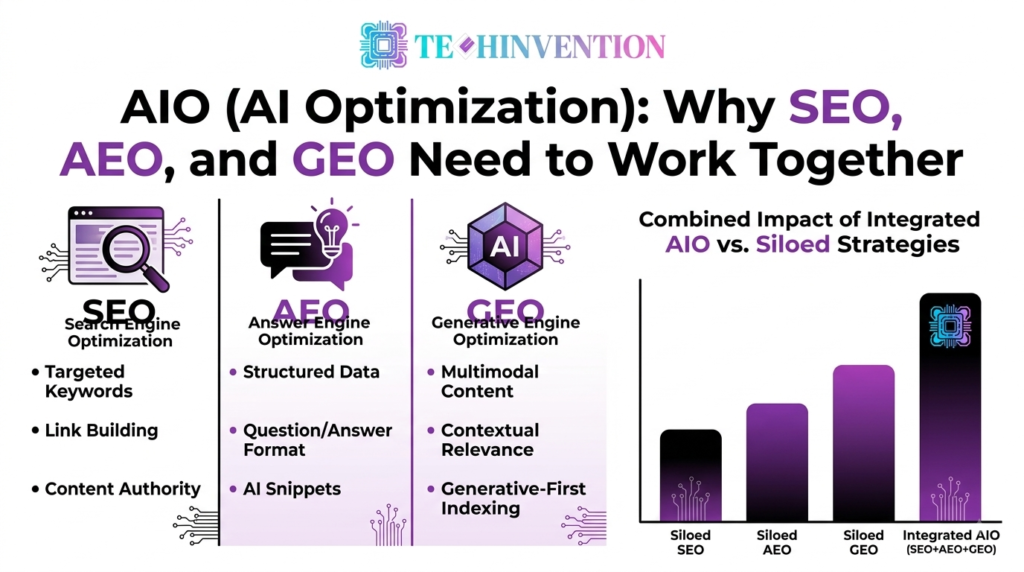 AIO AI Optimization infographic explaining why SEO, AEO, and GEO need to work together to improve visibility across traditional search engines and AI-powered search platforms.
