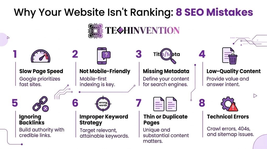 Diagram showing the 8 most common SEO mistakes affecting Google rankings and organic search traffic