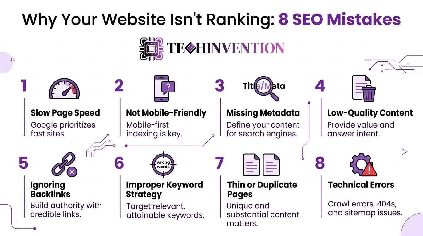 Diagram showing the 8 most common SEO mistakes affecting Google rankings and organic search traffic