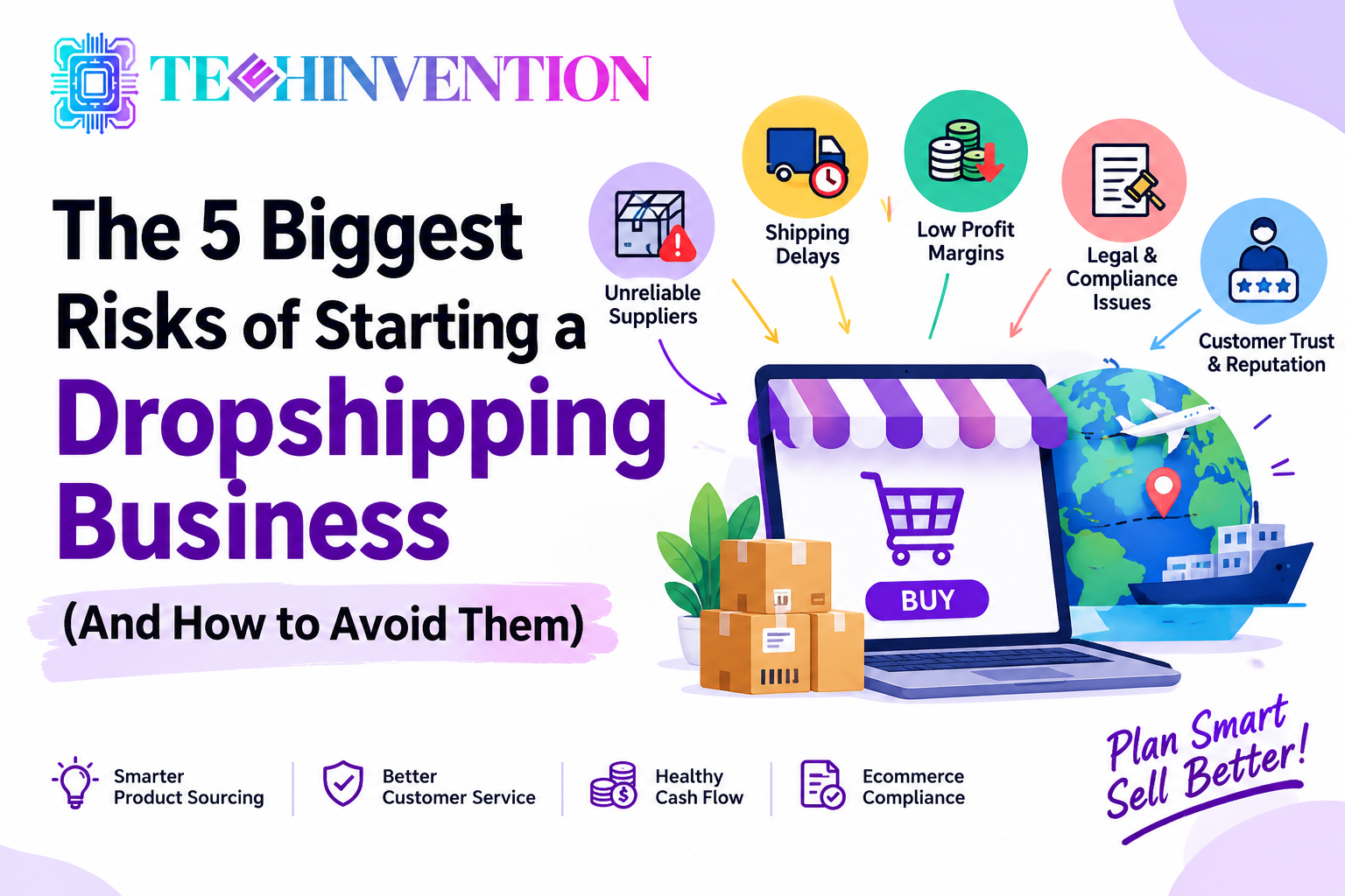 Laptop showing a dropshipping store dashboard with shipping boxes, supplier documents, and ecommerce analytics