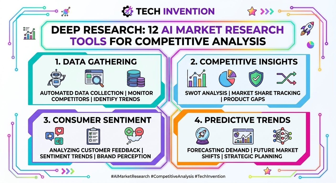 Infographic featuring 12 AI market research tools for competitive analysis, competitor research, market trends, customer insights, and business intelligence.