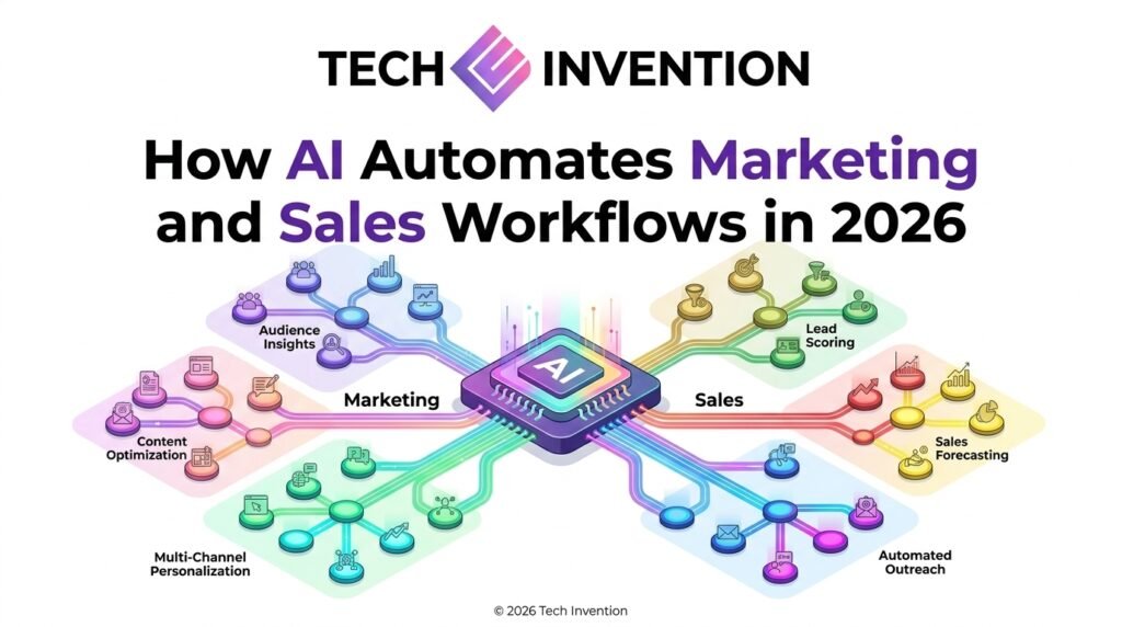 TECH INVENTION infographic showing how AI automates marketing and sales workflows in 2026, including lead generation, email marketing, customer support, content creation, sales pipelines, ad campaigns, data analytics, and customer retention.